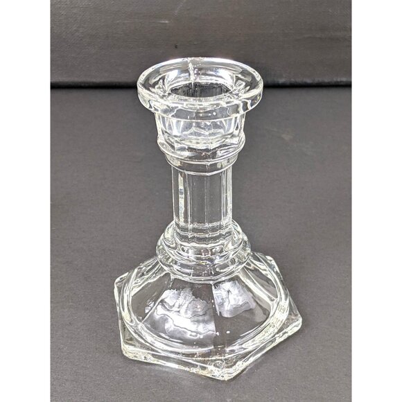 Vintage Clear Glass Hexagonal Candlestick Holders 2 Piece Set Elegant Home Decor - Picture 2 of 6
